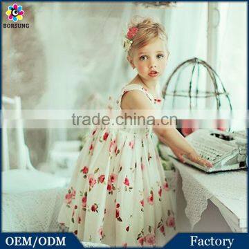 Children Cotton Long Frock Designs New Fashion Rose Printed Flower Girls Summer Party Maxi Dresses