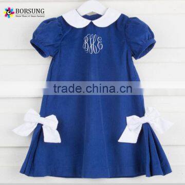 Latest children frocks designs baby summer puff short sleeve smocked blue dress high quality kids clothing