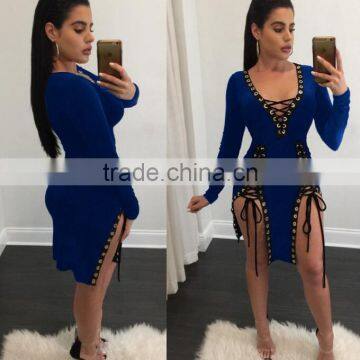 Zm50308b v Neck Hollow Out Women Clothes Pure Color Sexy Lady Dresses photo-5