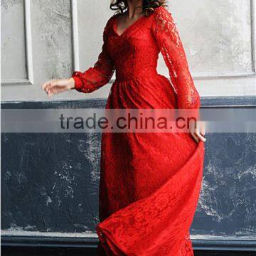 Red Long Sleeve Maxi Dress A Line Mommy And Me Lace Women Baby Party Dress photo-3