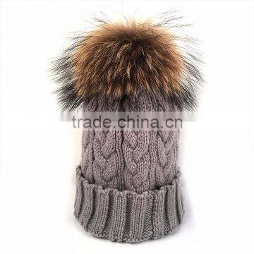 Myfur Light Grey Popular Design Cable Knit Hat with Removable Raccoon Fur Pom Pom