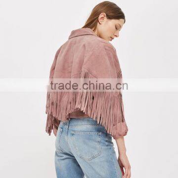 Lapel Collar Fringed Short Coat Womens Faux Suede Tassel Bomber Jacket photo-2