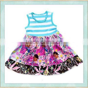 2017 baby girl party children frocks designs sleeveless bule stripes cartoon floral print woman pearl dress