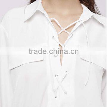 Simple and Stylish Women White Shirts Wholesale,custom Tie-Up Pocket Blouse With Your Own Logo China Supplier