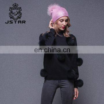 Woman Black Custom Pullover Sweater With a Lot Fox Fur Ball photo-5