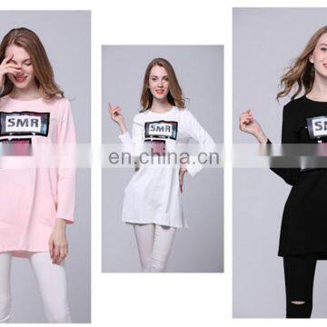 100 cotton custom printing long sleeves O neck loose letter print women longline t shirt