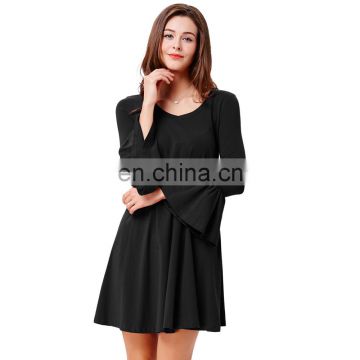 Kate Kasin Solid Black Color Casual Loose Long Bell Sleeve V-Neck Cotton Dress KK000499-1