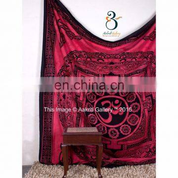 Indian Red Color Om Square Round Print Double cotton indian tapestries 92x82 Tapestry