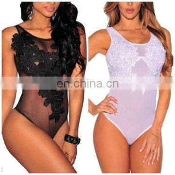 Mika72083 New Sexy Mesh Bodysuit Top Lace Flower Embroidery Body Top Women Ladies Sheer Bodysuit