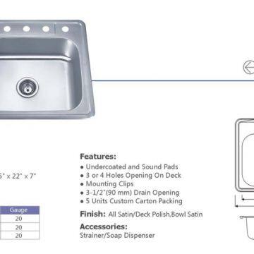 2522 Topmount Single Bowl Stainless Steel Kitchen Sink (966) photo-2