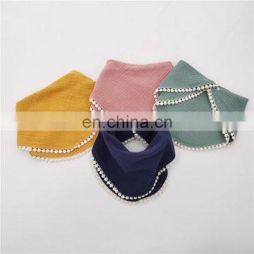 100% Organic Cotton Muslin Baby Bibs With Pompom Lace photo-4