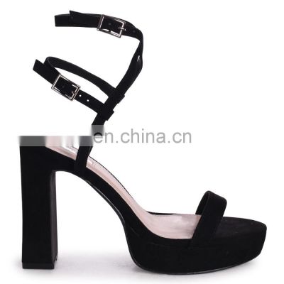 Ladies beautiful black suede platform shoe high heels with double crossover ankle straps sandals shoes