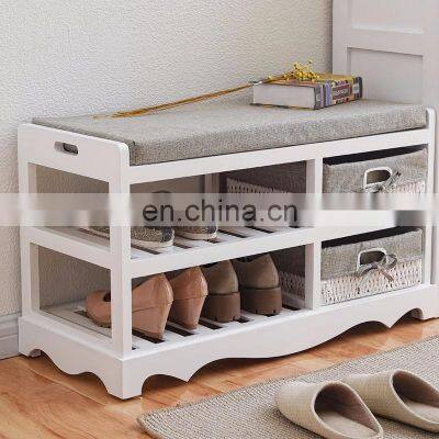 Wooden Sitting Storage Bench With Basket Drawers & Seat Cushion for Shoe Cabinet photo-2