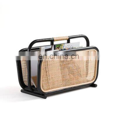 Black Vintage Rattan Magazine Rack, Wicker Newspaper Holder, Bamboo Newspaper Stand Organizer Cheap Wholesale