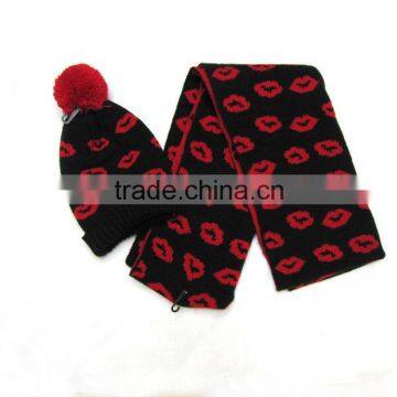 Fashion knitted girl's winter red lip design hat and scarf with flowers set