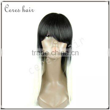 Black and White Two Tone Ombre Synthetic Fiber Wig Long Neat Bang Silk Straight Hair Wig for Black Women photo-2