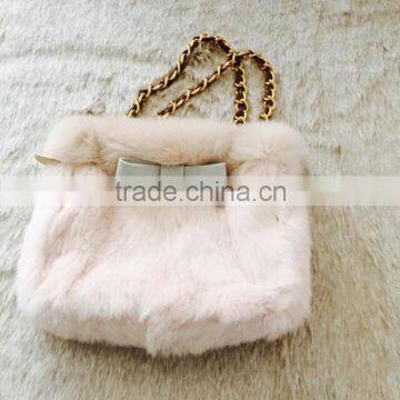 Lovely Design Animal Fur Handbag With Chain Fancy Rabbit Fur Purse With Bow Hot Selling