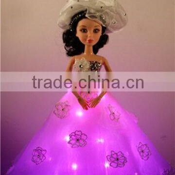 Flashing White Flower Girl Dresses with Fuller Train and Veil for LED Barbie Toys