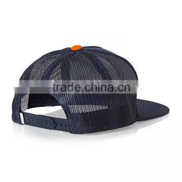 OEM/ODM Applique Label Patch Logo Flat Brim Navy Blue Mesh Plain 5 Panel Trucker Cap Wholesale photo-4
