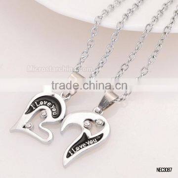 I Love You Words Silver Plated Half Broken Heart Couple Necklace