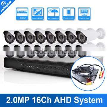 16CH AHD DVR Kit 1080P CCTV System 16 CH AHD DVR Recorder + 2.0MP IR 20M Outdoor Security AHD Bullet Camera System Support P2P