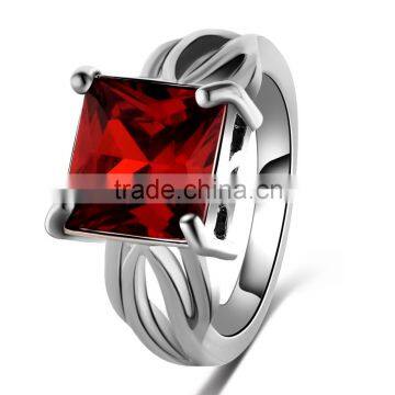 Luxurious Red Large Gemstone Engraved White Gold Filled Hollow Flower Finger Rings For Women