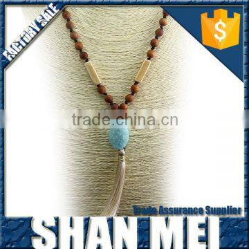 wood beads knotted necklace with a big stone pendant tassel necklace women jewelry