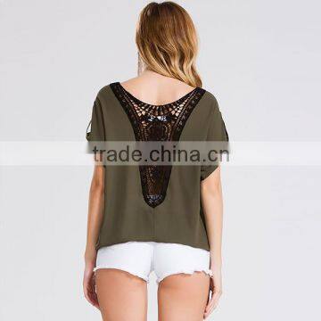 2016 Summer Women Round Neck Pleated Crop Tops Ladies Short Sleeve Tabs Lace Back Hollow Out Chiffon Blouses Elegant Design