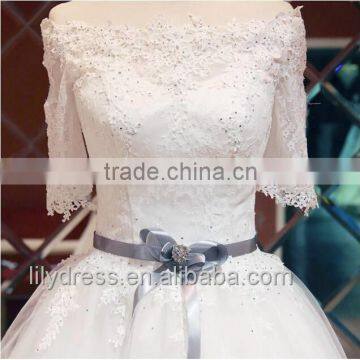 Elegant Sexy Off The Shoulder Princess Ball Gown Wedding Dresses Half Sleeve Bridal Gown With Ribbons Flower Sash Beaded ML056 photo-5