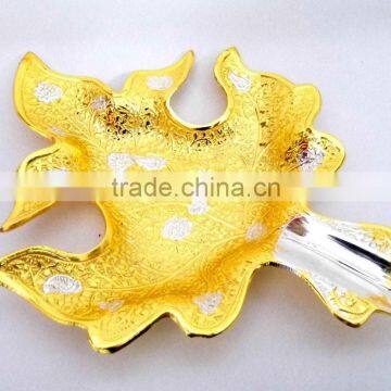 Indian handicrafts gold and silver plated leaf shape brass decorative tray