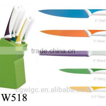 5PCS Non-stick Coating PP Handle Stainless Steel Knife Set with wooden base