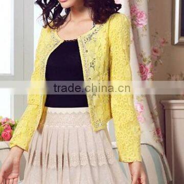 2015 ladies quality coat yellow sheer wholesale factory beaded coat