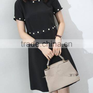 Guangzhou Oem Clothing White Pearl Embellishment Dresses Short Sleeve Black Slim Dress photo-4