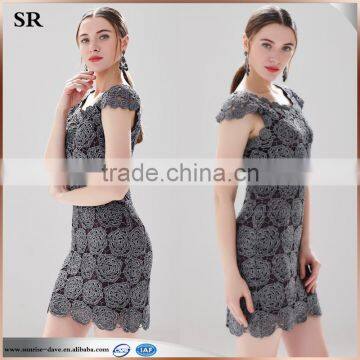 Short Sleeve Flower Cut-out Metallic Effect Ladies Slim Body Crochet Dress SR- D782