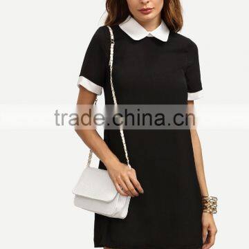 Black Peter Pan Collar Short Sleeve Shift Dress Patchwork 100% Polyester Short Sleeve Short Dress photo-2