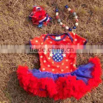 2015 hot sell baby girl July 4th owl red white polka dot romper with matching hairbow and necklace