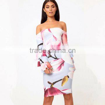 Ruffle Flare Sleeve Digital Floral Print off Shoulder Bodycon Bardot Dress photo-2