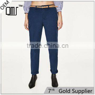 2017 Guangdong spring ladies navy chinos designer pants with belt