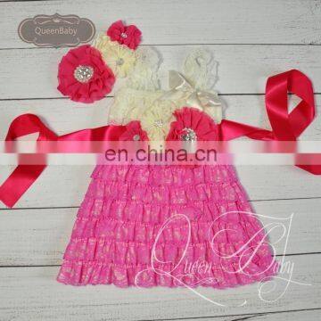 5sets/lot Cream&Fuchsia Lace Dresses Matching Headband and sash belt