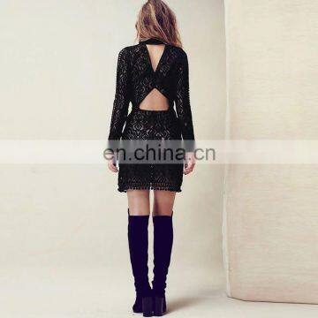 on Stock Black Hollow Dress With Lace Long Sleeve Thin Women Dresses photo-2