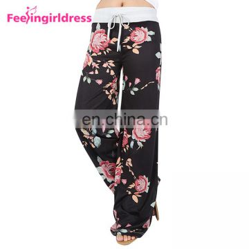 New Style High Quality Wide Leg Pants Women Black Print Floral Harem Pants