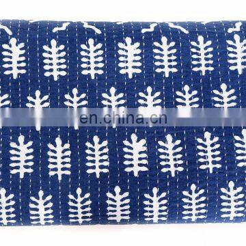 Indian Indigo Blue Abstract Design Kantha Quilt Handmade Bedspread Throw Cotton Queen Size Blanket Patchwork Print photo-2