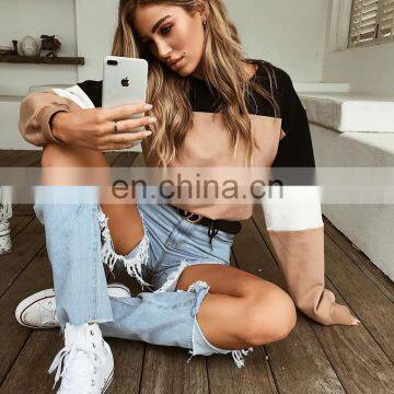 Custom Logo Print Embroidery Vendor With Long Sleeve Pullover Women Stripe Panels Crew Neck Sweatshirt Crop Top photo-3