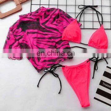 Women Brazilian 3pcs-set Sexy Print Micro Bottom String Beach Bikini Lady Half Sleeve Swimwear Mujer High Waist Padded Swimsuit photo-6