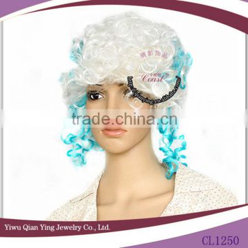 fake white short afro synthetic hair wigs with blue highlight