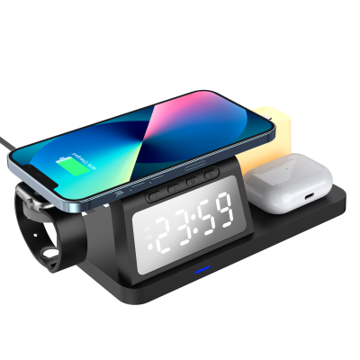 Multi function LED night light wireless charging stand with alarm clock phone watch earbuds 6In1 wireless charging stand holder