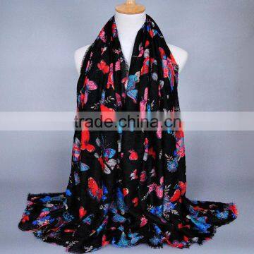 Colorful Butterfly Printed Raw Brim Muslim Women Hijab Viscose Shawl