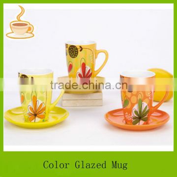 Bright color glazed ceramic mug with pattern and saucer /ceramic mug LJ-4327