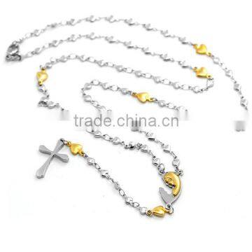 Stainless Steel Two Tone Heart Link Chain Necklace Our Lady of Virgin Mary with Cross Handmade Vintage Style Rosary for Prayer