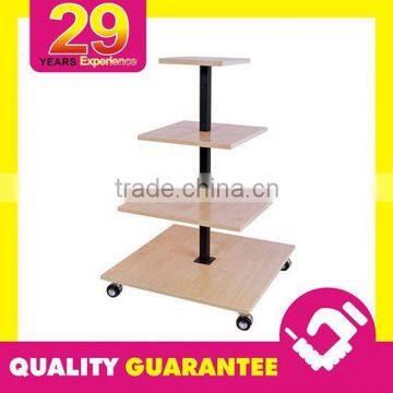 29 Years Fabrication Service Movable HDF Wood Shelves Display Stand with Wheel